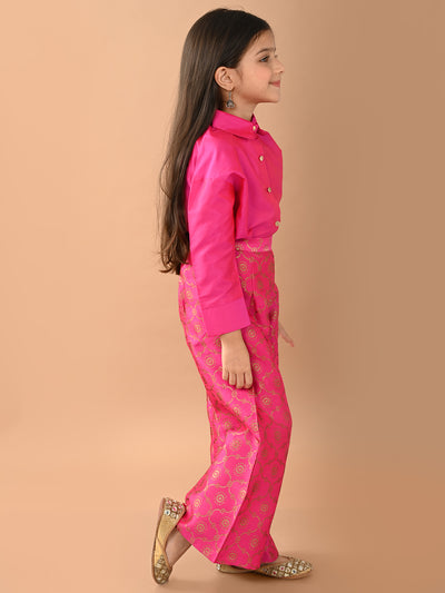 Solid Button Down Shirt Top with Printed Palazzo Set