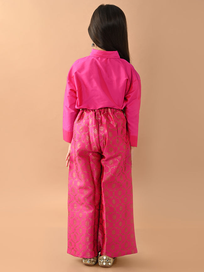 Solid Button Down Shirt Top with Printed Palazzo Set