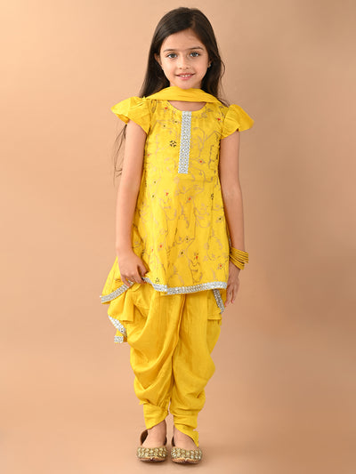 Ethnic Printed Low to High Kurta with Dhoti Pant & Dupatta Set