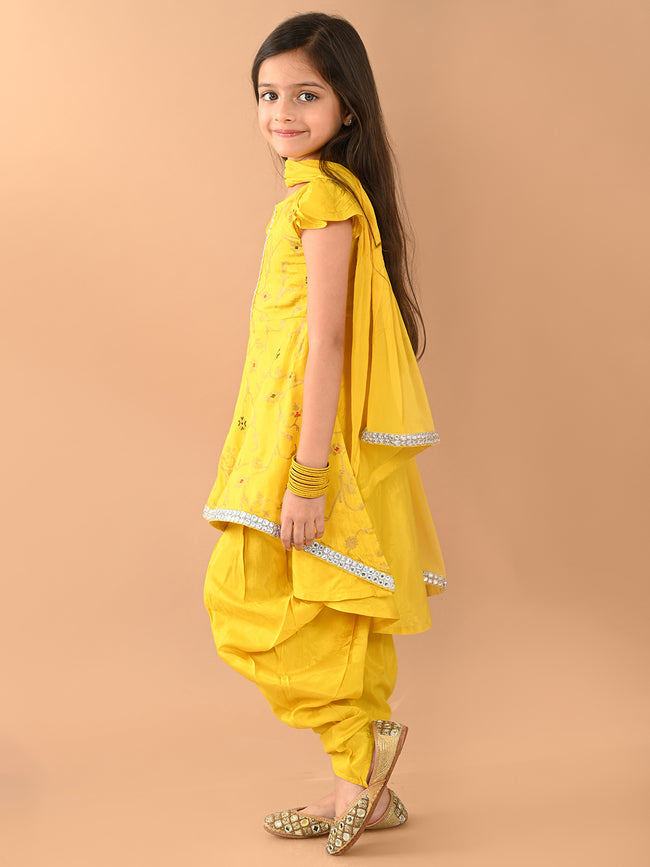 Ethnic Printed Low to High Kurta with Dhoti Pant & Dupatta Set