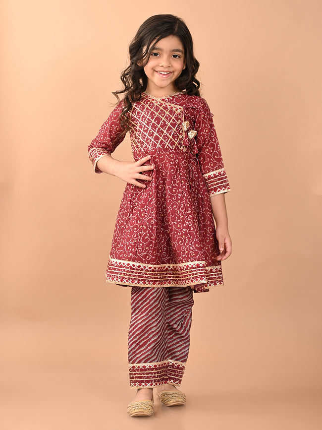 Ethnic Motif Printed Gota Patti Embellishment Angrakha Kurta Palazzo Set