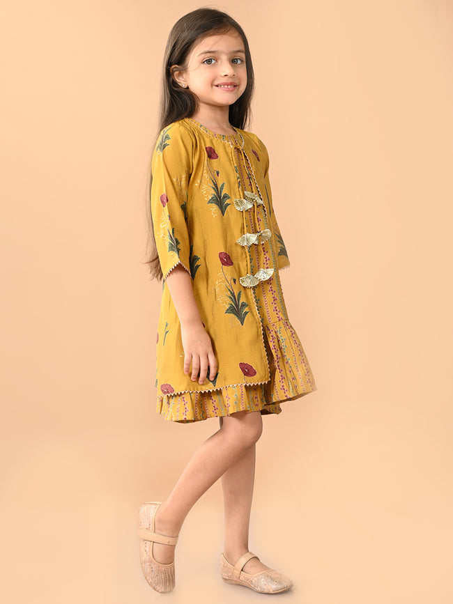 Ethnic Printed Dropwaist Dress with Gota Patti Embellished Shrug