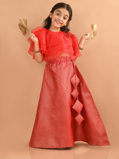 Frilled Blouse with Brocade Flared Lehenga Set