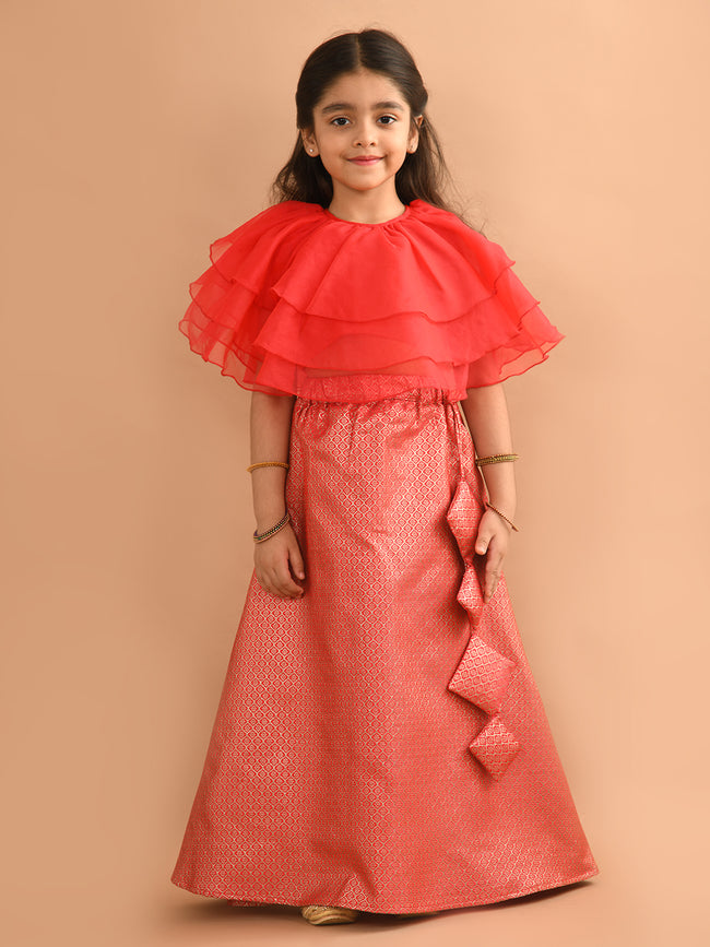 Frilled Blouse with Brocade Flared Lehenga Set