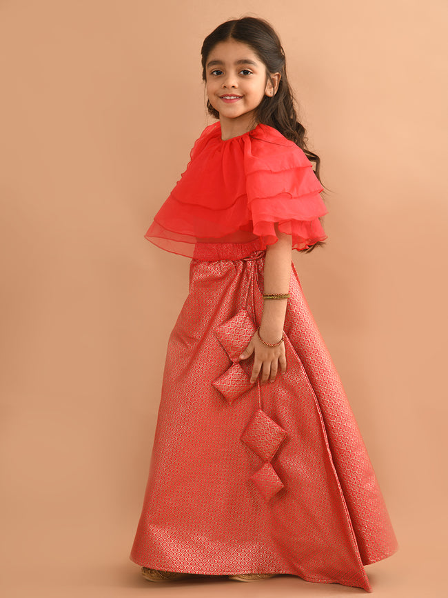 Frilled Blouse with Brocade Flared Lehenga Set