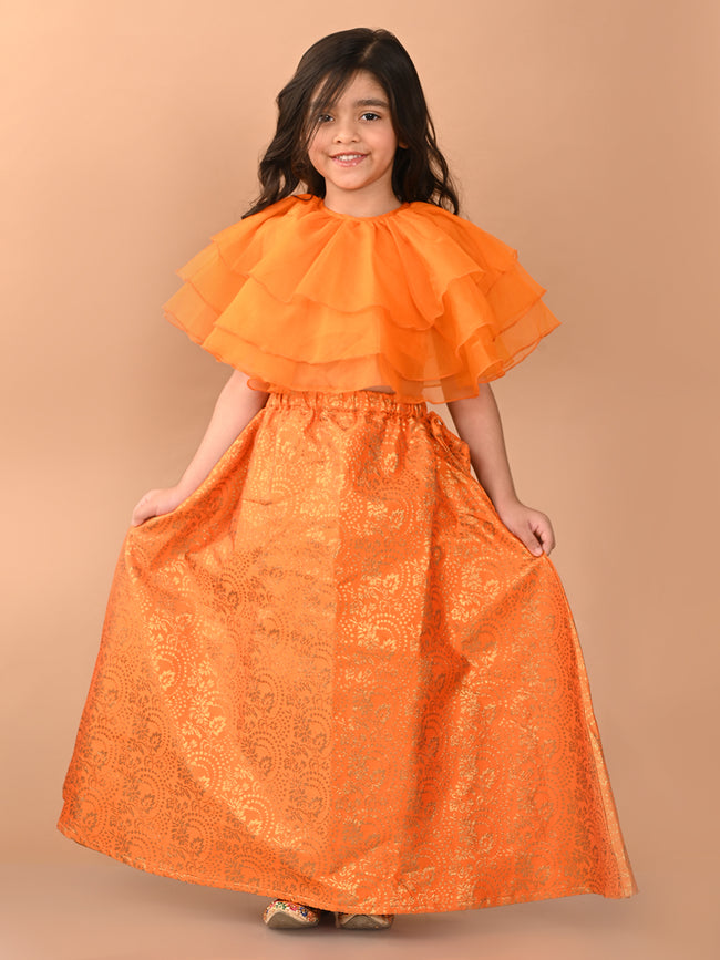Frilled Blouse with Brocade Flared Lehenga Set