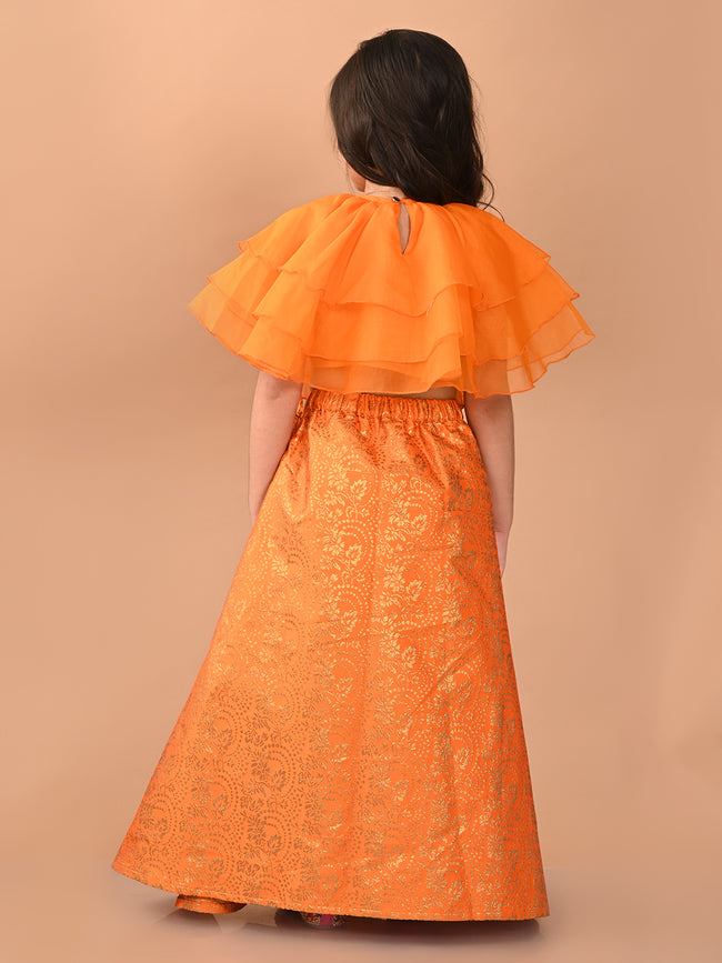 Frilled Blouse with Brocade Flared Lehenga Set