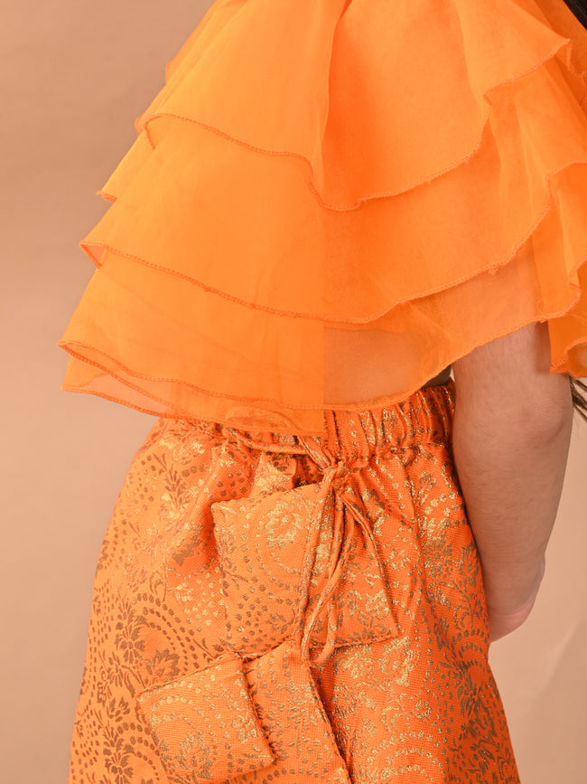 Frilled Blouse with Brocade Flared Lehenga Set