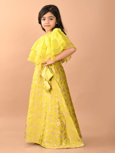 Frilled Blouse with Brocade Flared Lehenga Set