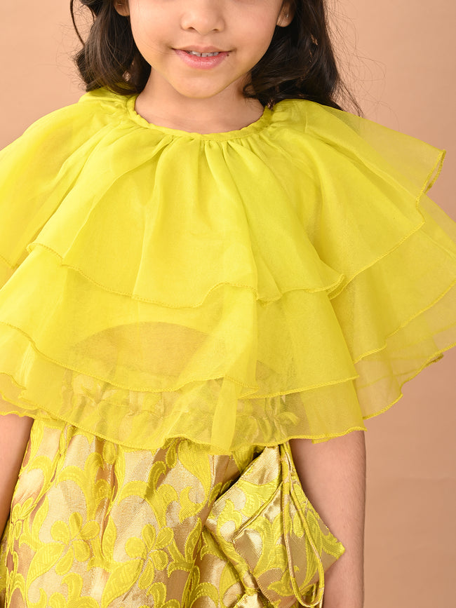 Frilled Blouse with Brocade Flared Lehenga Set