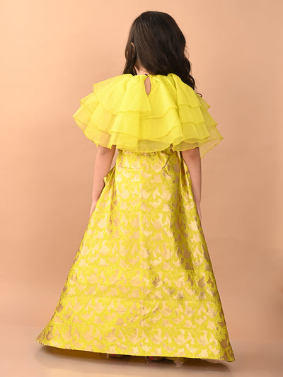 Frilled Blouse with Brocade Flared Lehenga Set