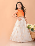 Embossed Sleeveless Blouse with Batik Printed Lehenga Set