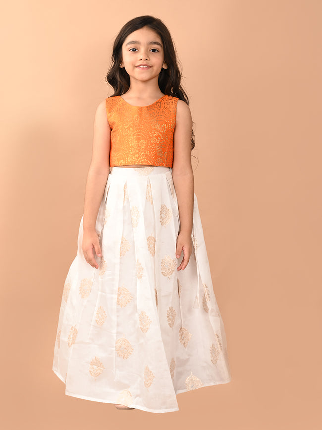 Embossed Sleeveless Blouse with Batik Printed Lehenga Set