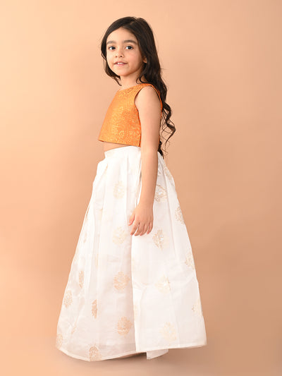 Embossed Sleeveless Blouse with Batik Printed Lehenga Set
