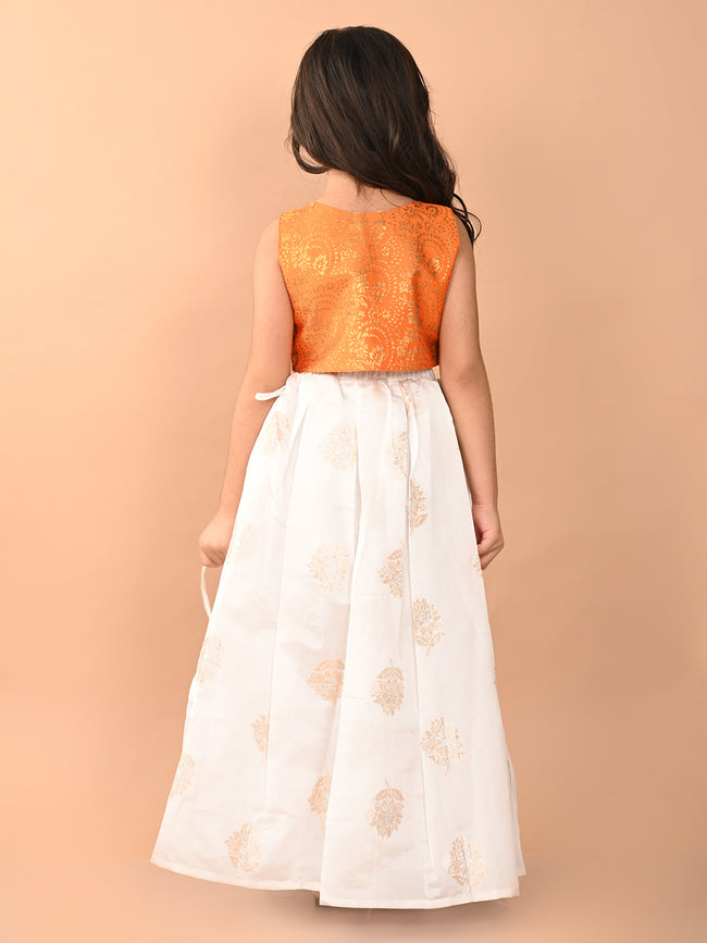 Embossed Sleeveless Blouse with Batik Printed Lehenga Set