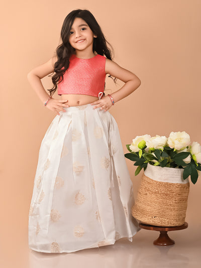 Embossed Sleeveless Blouse with Batik Printed Lehenga Set