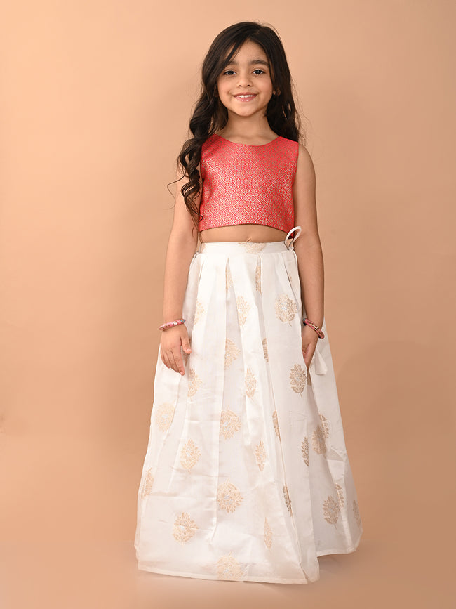 Embossed Sleeveless Blouse with Batik Printed Lehenga Set