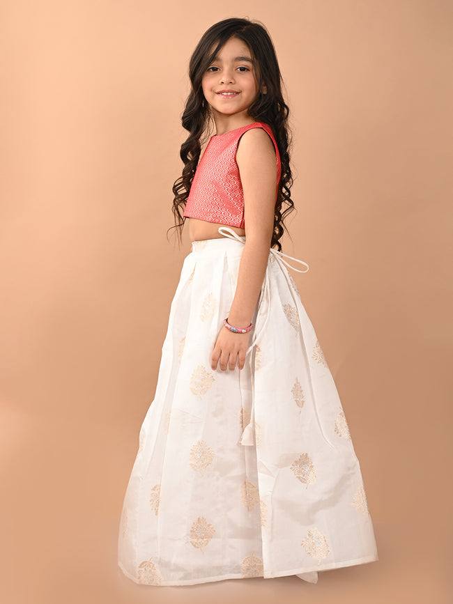 Embossed Sleeveless Blouse with Batik Printed Lehenga Set