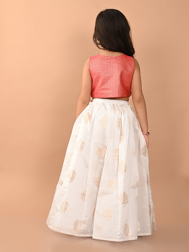 Embossed Sleeveless Blouse with Batik Printed Lehenga Set