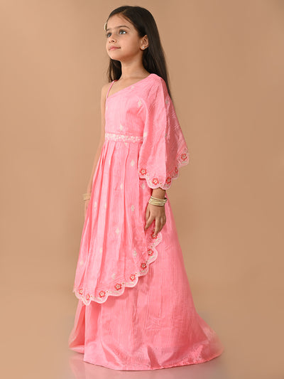 One Shoulder Embellished Kurta with Lehenga Set