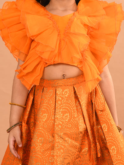 Ruffle Sleeveless Blouse with Brocade Flared Lehenga Set