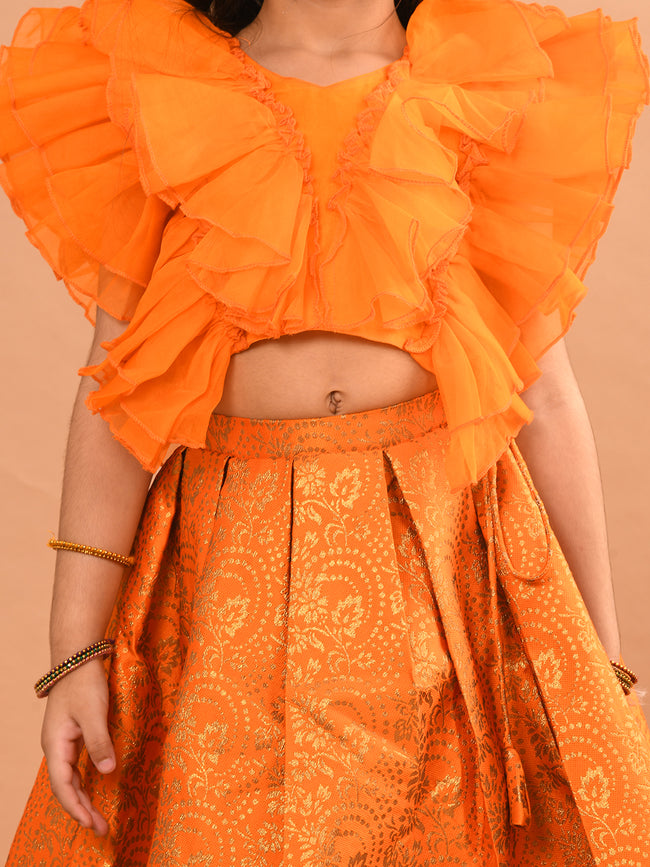 Ruffle Sleeveless Blouse with Brocade Flared Lehenga Set