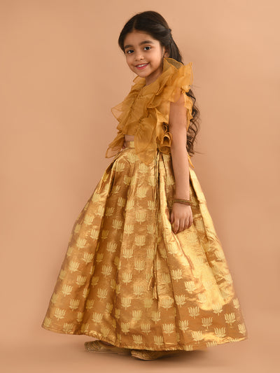 Ruffle Sleeveless Blouse with Brocade Flared Lehenga Set