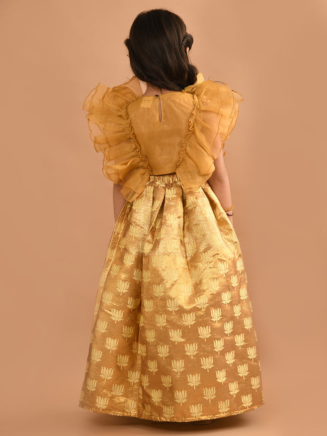 Ruffle Sleeveless Blouse with Brocade Flared Lehenga Set