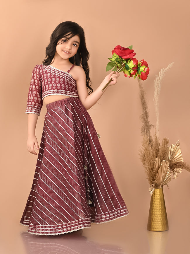 One Shoulder Ethnic Motif Printed Flared Lehenga Choli Set