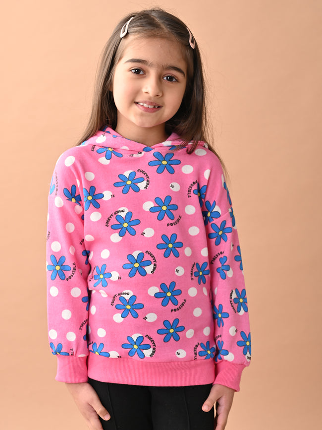 Girls Full Sleeves Floral Printed Hooded Sweatshirt
