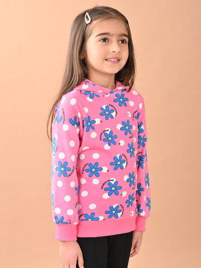 Girls Full Sleeves Floral Printed Hooded Sweatshirt