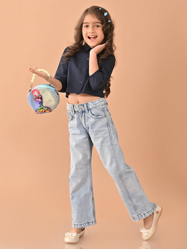 Solid Button Down Regular Fit Crop Shirt Top