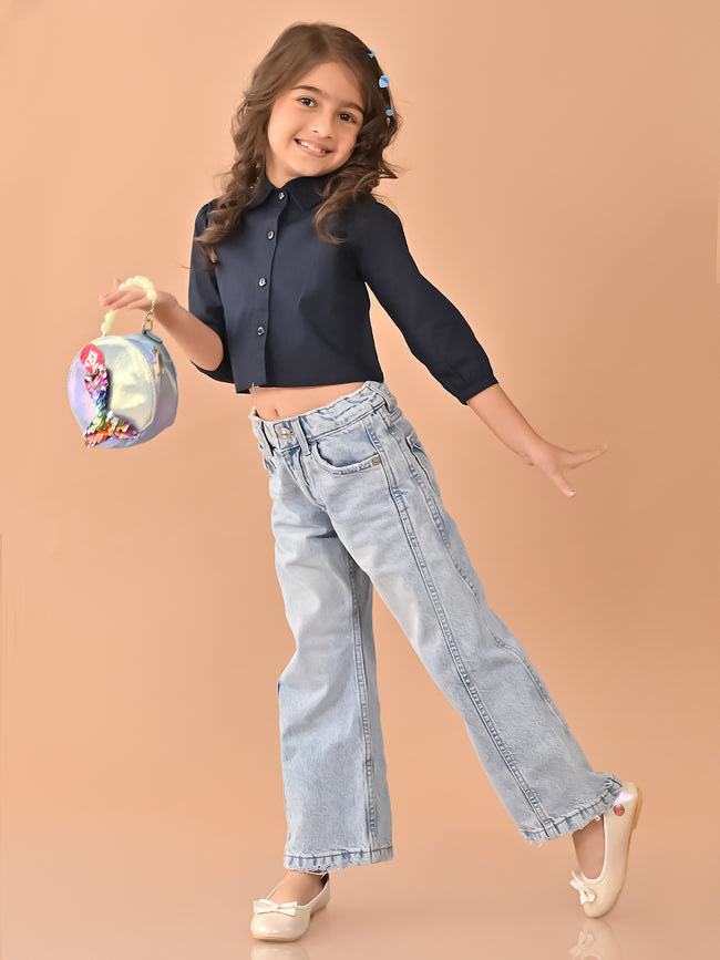 Solid Button Down Regular Fit Crop Shirt Top