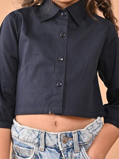 Solid Button Down Regular Fit Crop Shirt Top
