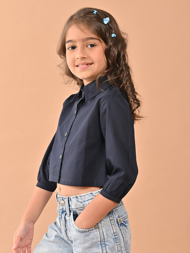 Solid Button Down Regular Fit Crop Shirt Top