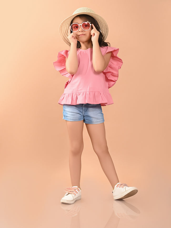 Solid Ruffle Short Sleeves Casual Top