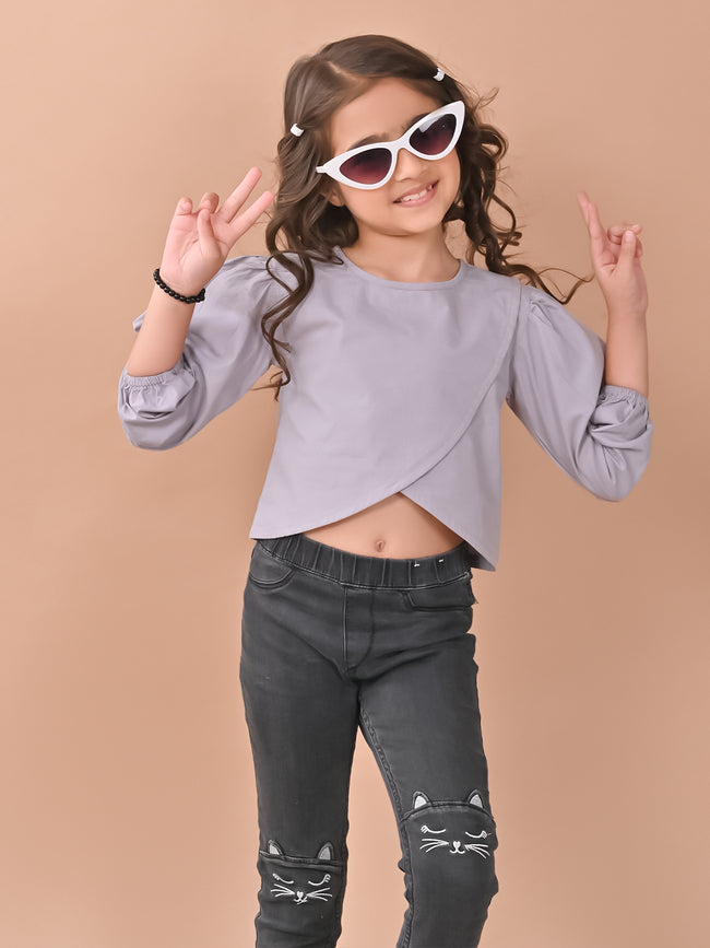 Solid Stylish Full Sleeves Crop Top