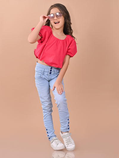 Solid Balloon Crop Cotton Top