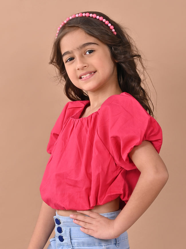 Solid Balloon Crop Cotton Top