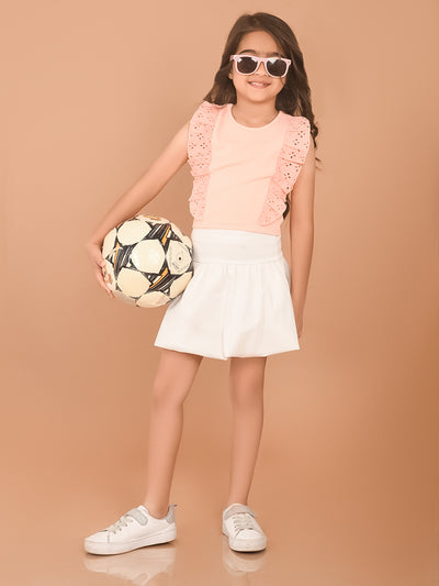 Schiffli Ruffle Design Sleeveless Slim Fit Crop Top