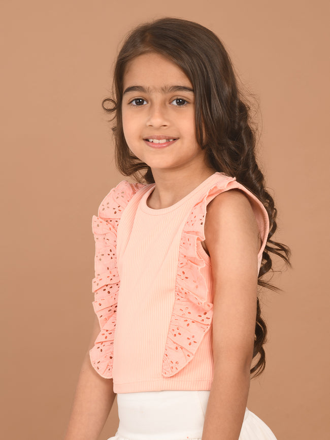 Schiffli Ruffle Design Sleeveless Slim Fit Crop Top