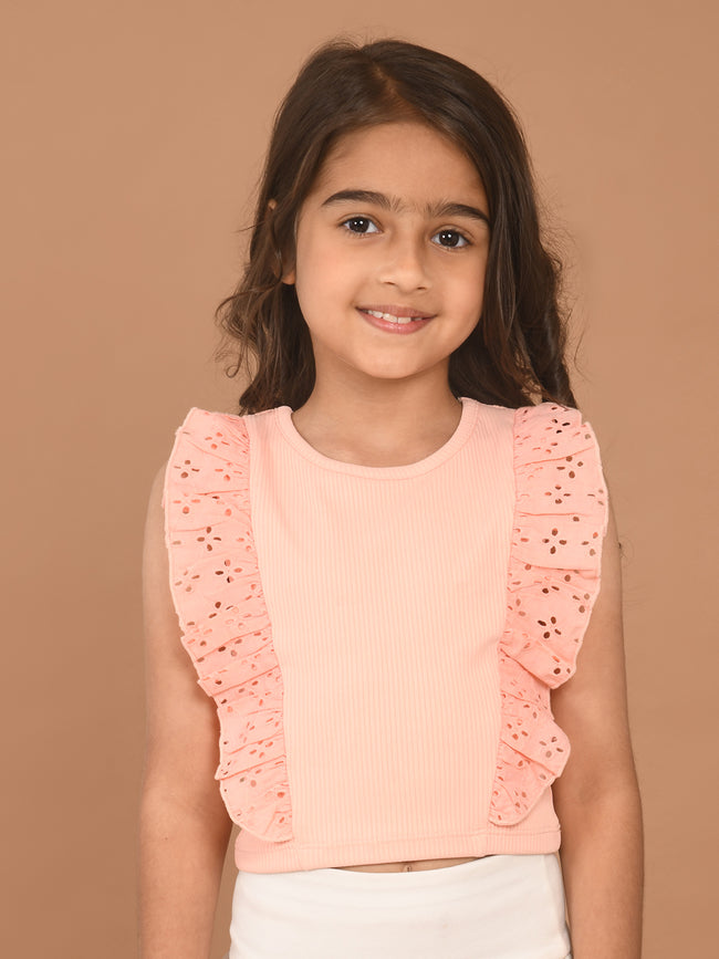 Schiffli Ruffle Design Sleeveless Slim Fit Crop Top