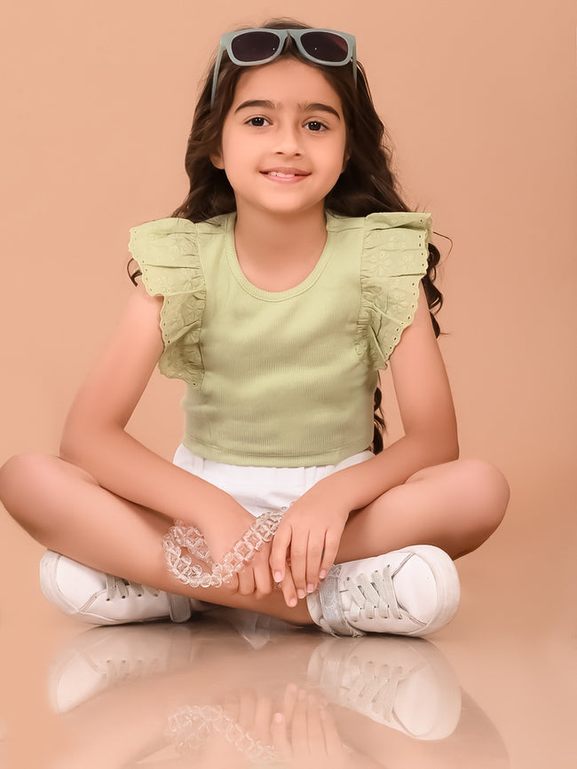 Schiffli Sleeves Slim Fit Solid Crop Top