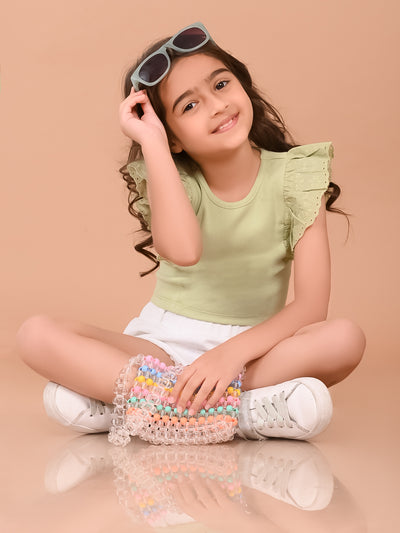 Schiffli Sleeves Slim Fit Solid Crop Top