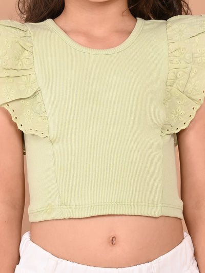 Schiffli Sleeves Slim Fit Solid Crop Top