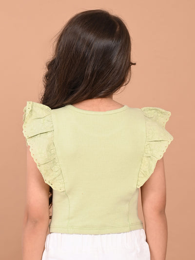 Schiffli Sleeves Slim Fit Solid Crop Top