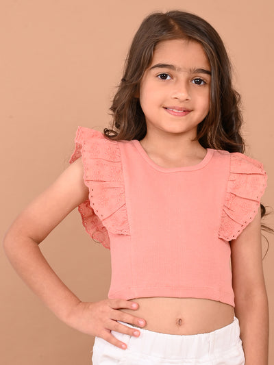 Schiffli Sleeves Slim Fit Solid Crop Top