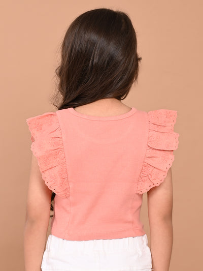 Schiffli Sleeves Slim Fit Solid Crop Top