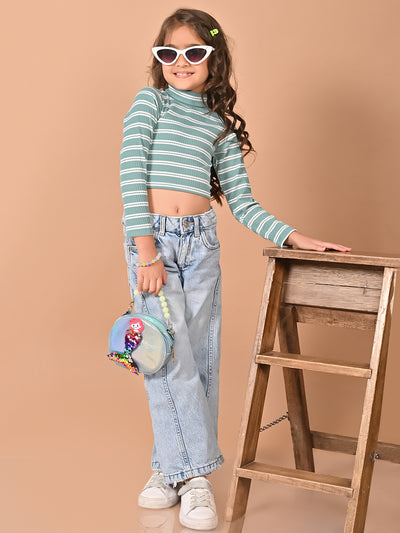 Horizontal Stripes Full Sleeves Slim Fit High Neck Crop Top