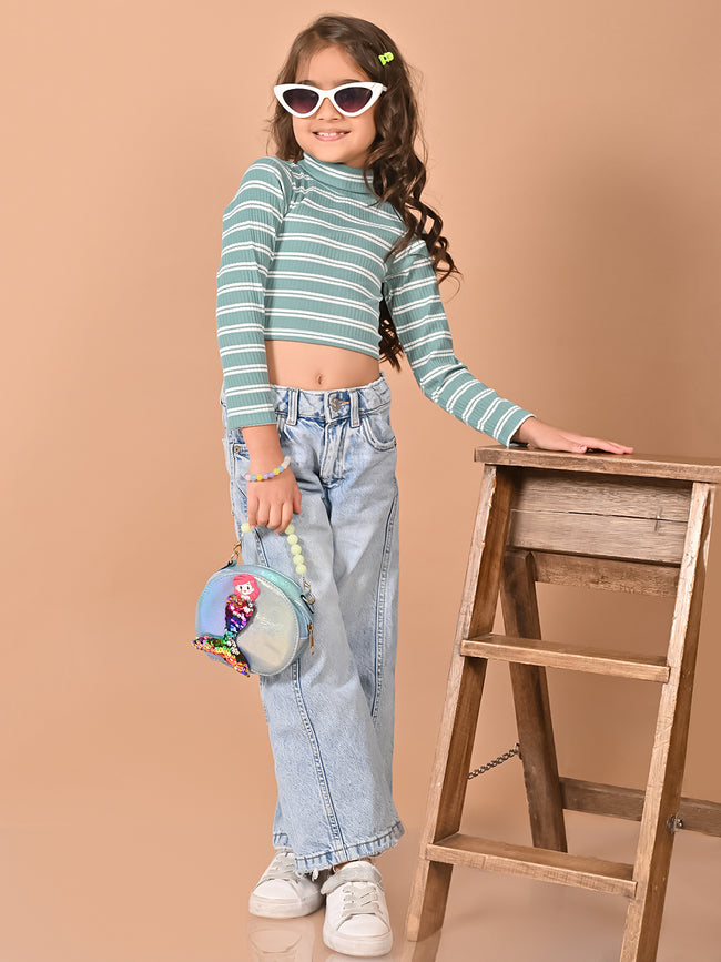 Horizontal Stripes Full Sleeves Slim Fit High Neck Crop Top